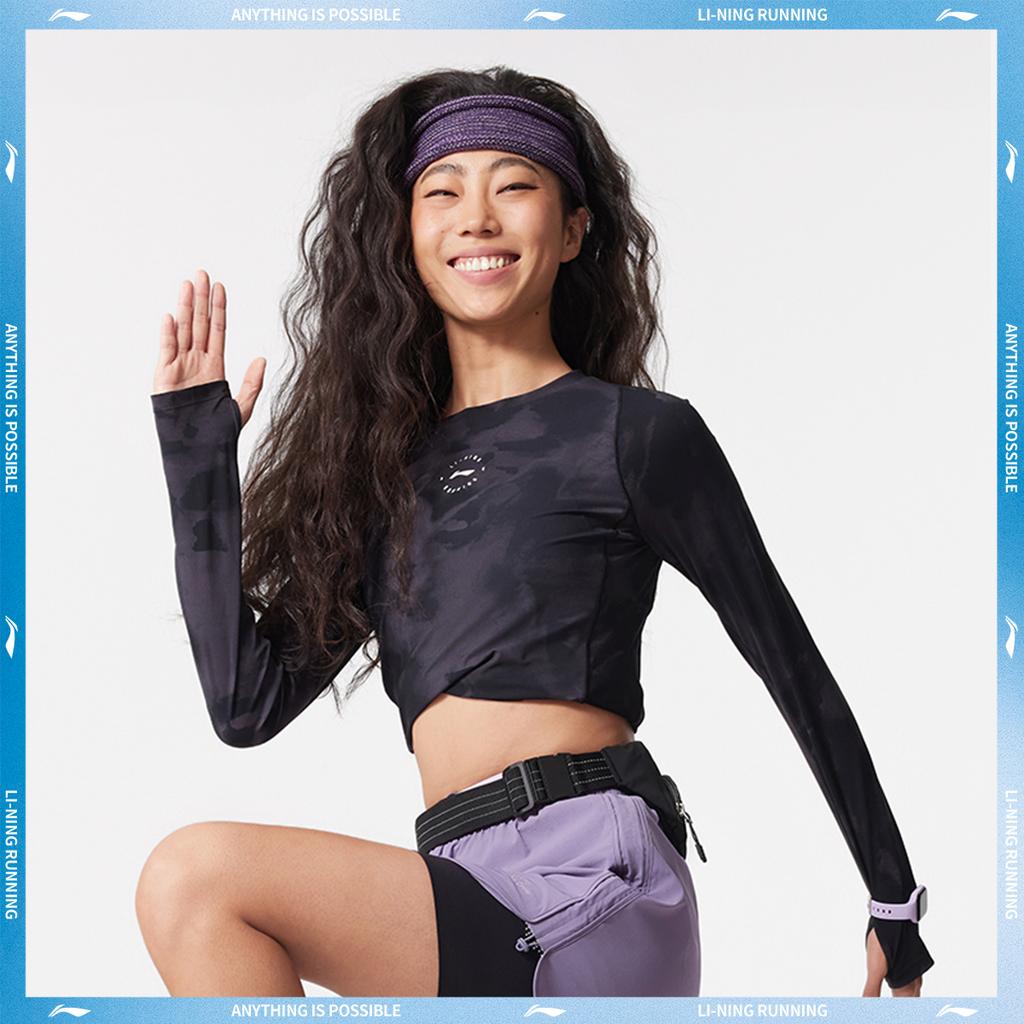 Li-Ning Comfortable Simple Round Neck Pullover Casual Versatile Long Sleeve T-Shirt Women Tops Black Shadow-Gray ATLV120-3