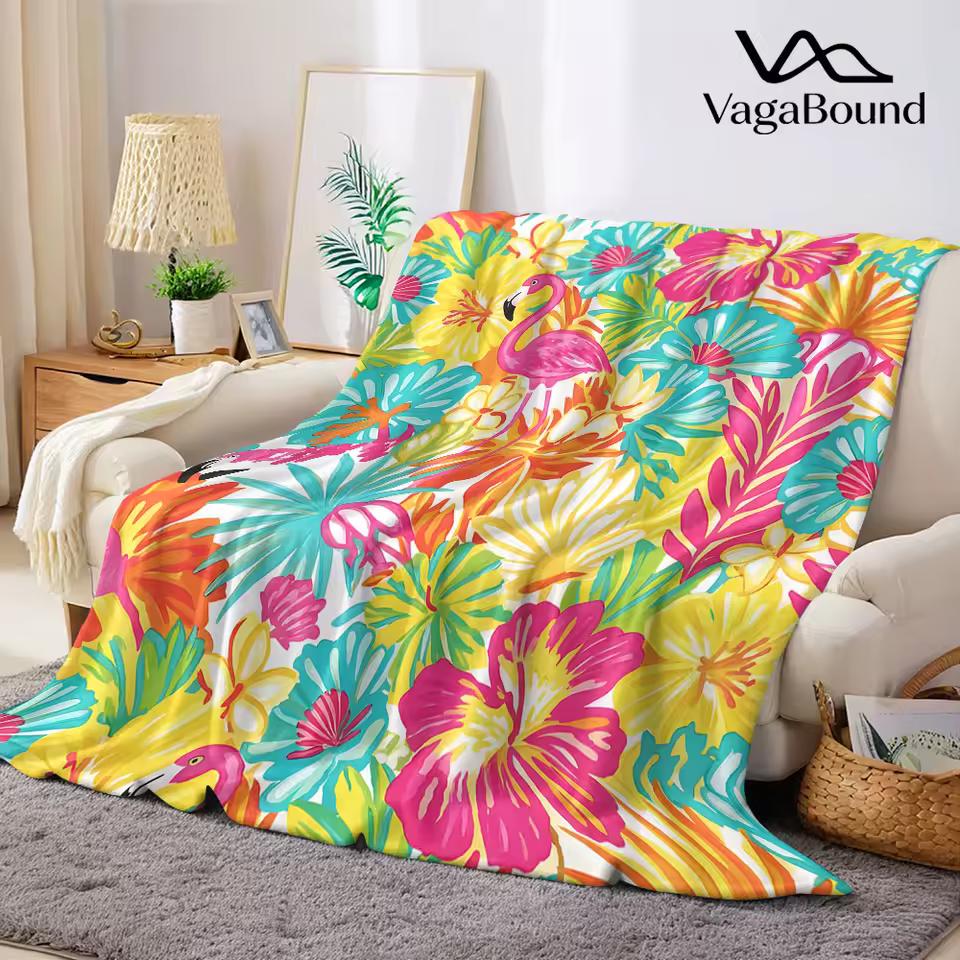 Tropical Flamingo Hibiscus Flannel Blanket Warm Soft Halloween Christmas Decorative Couch Warm Cozy All-Season Gift