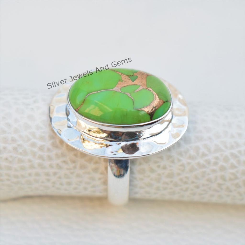 Hammered 925 Sterling Silver Green Turquoise Ring, Oval Copper Turquoise Hammered Ring