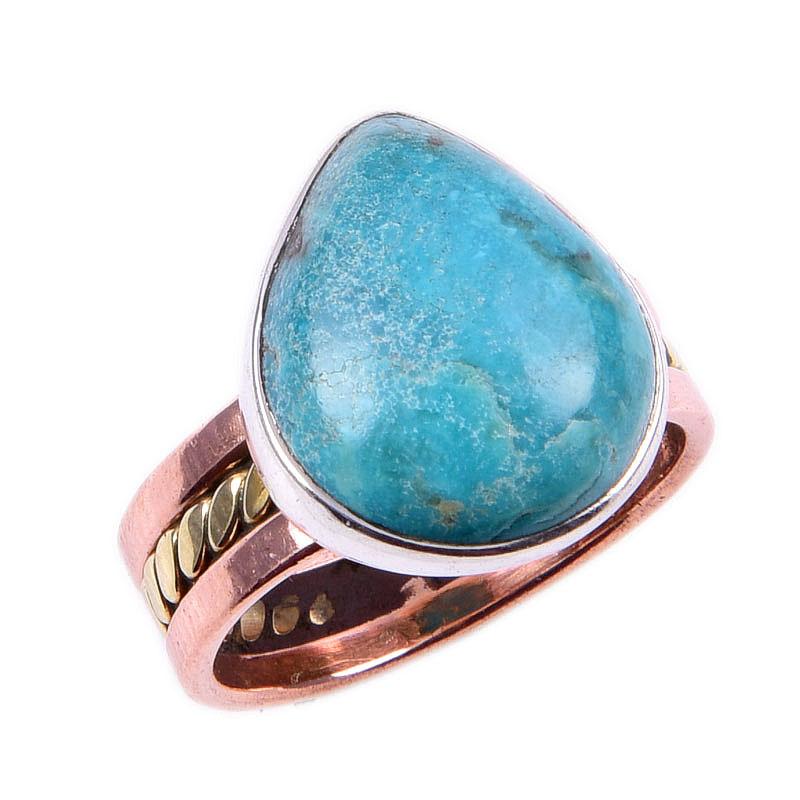 Natural Tibetan Turquoise Gemstone 925 Solid Silver Two Tone Ring S.7.5US q2n66