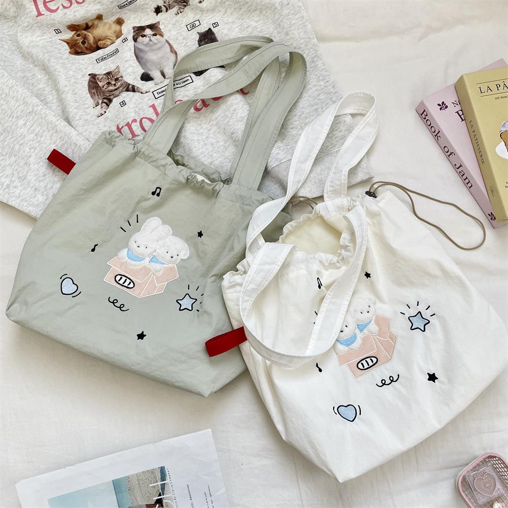 Large Capacity Tote Bag Women's New Embroidered Rabbit Canvas Bag Student Class Commuting Shoulder Bag