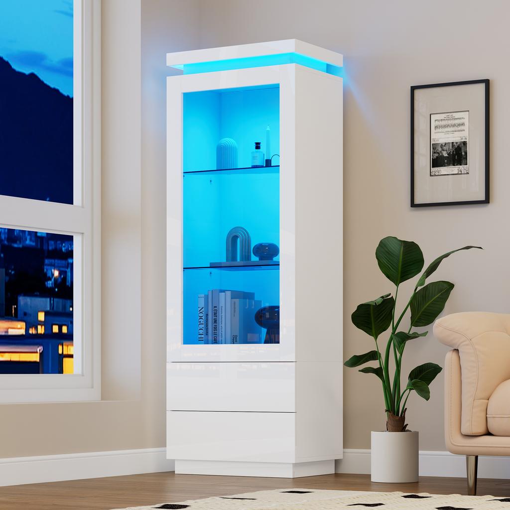 Vetrina 60*40*171cm, Armadio Alto con 2 Cassetti, Vetrina in Vetro ad Alta Lucentezza con LED, Soggiorno con Ante in Vetro e Ante a Ribalta, Bianco