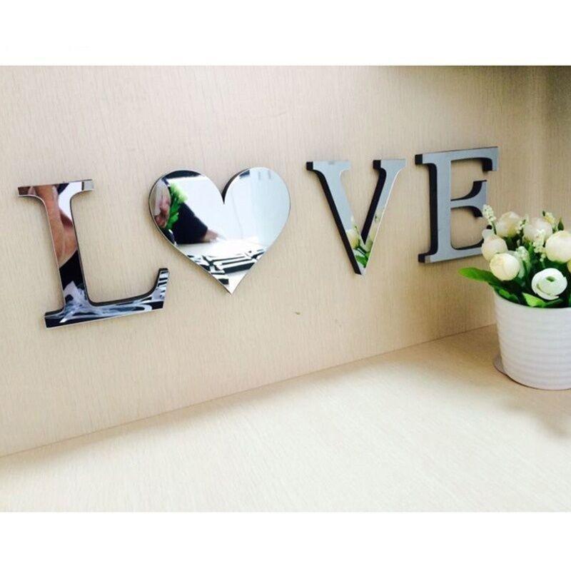 Chic 4 Letters Love Home Furniture Mirror Tiles Self-adhesive Wall Sticker Decor