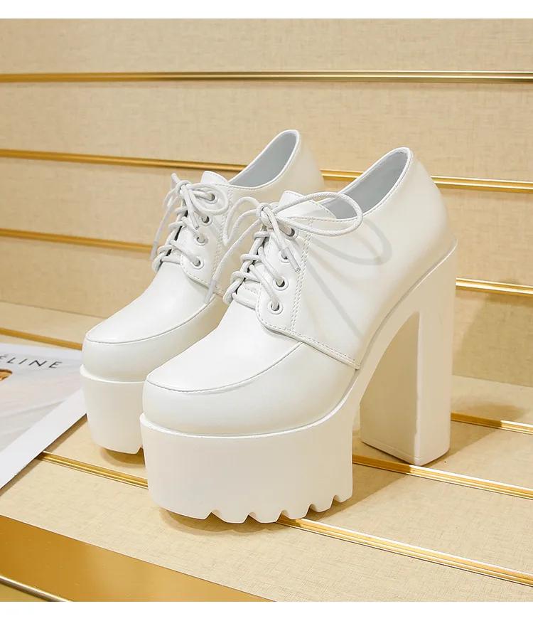 2025 New Spring Autumn Women 14cm Casual High-heeled Shoes Sexy Thick Heels Platform Pumps Black White Size 34-39