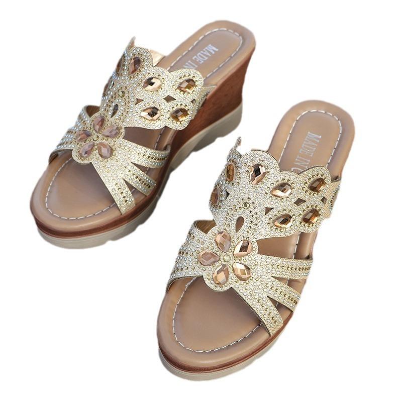 Zapatillas de cuña para mujer, de comercio exterior, de gran tamaño, a la moda, con diamantes de imitación, con suela gruesa, estilo romano, con boca de pez