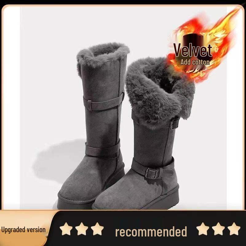 Botas de Nieve Altas Grises para Mujer 2025 para Todas las Estaciones con Suela Gruesa y Forro de Terciopelo - Estilo Algodón de Media Pantorrilla