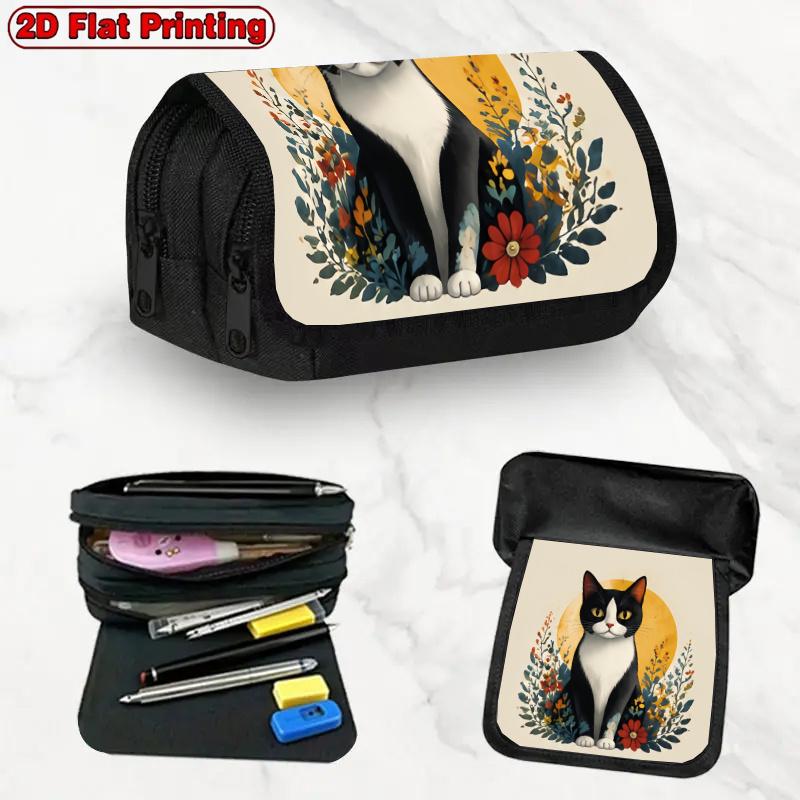 1pc Art Cat Black and White Design Double Layer Flip Pencil Case-2D Printing, Large Capacity Zipper Closure, Suitable for Schools, Offices and Travel,