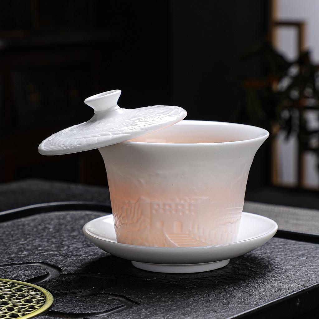 Dehua Wanli Great Wall Embossed Kung Fu Tea Set Household Simple Pack Portable Company Opening Ceremony