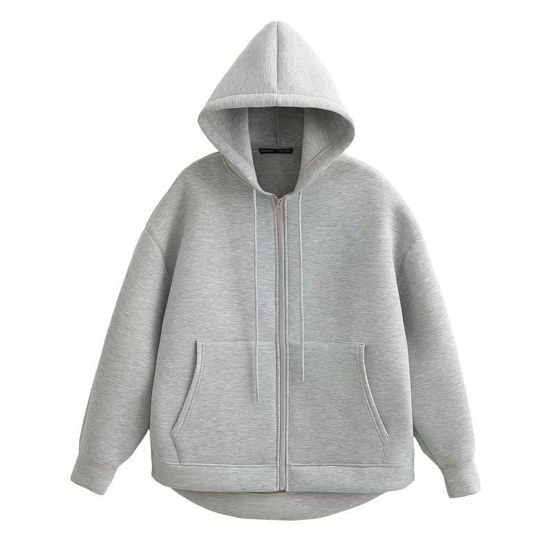 Autumn Women Gray Jacket Hood Long Sleeve Pocket Zipper Jacket Coat Women Casual Outerwear Coat