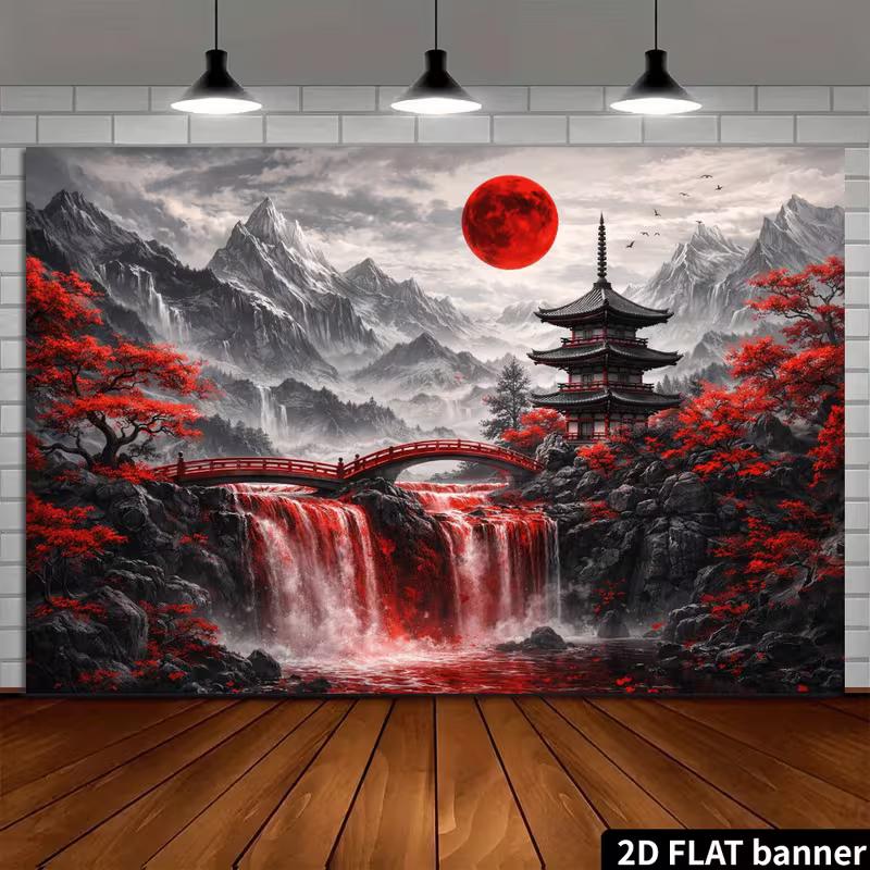 2D Red Maple Blood Moon Japanese Temple Tapestry for Asian Themed Home Decor