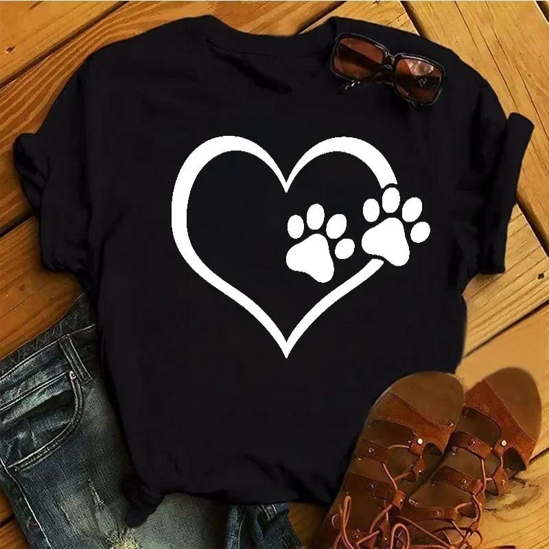 Women T Shirt Cartoon Tops Colorful Heart Dog Paw Print T-shirt Female Summer T-shirt 90s Girls Short Sleeve Tee Black T-shirts