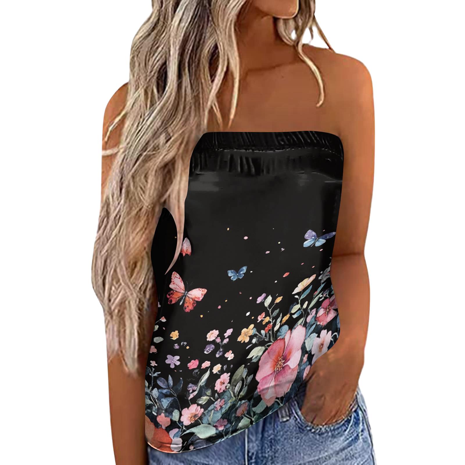 Women s Summer Sexy Strapless Off-Shoulder Elastic Band Floral Print Top M чёрный