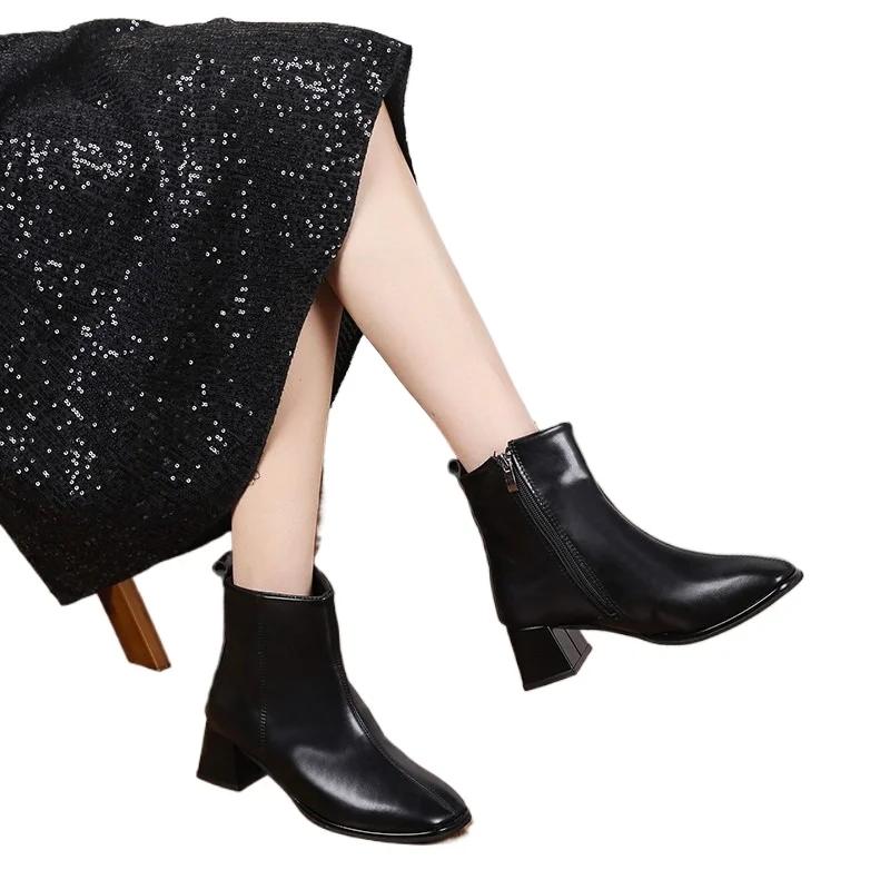 Módní dámské boty 2024 Horký výprodej Kotníkové dámské boty Módní boční zip Kancelář a kariéra Nové čtvercové podpatky Dámské Zapatos Mujer