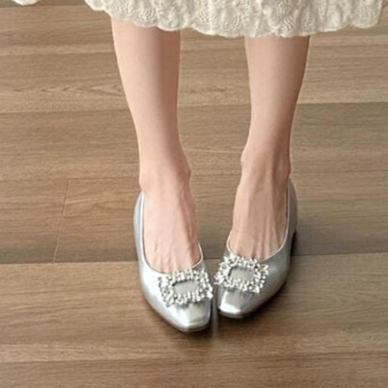 Women's Thick Heel Shoes Spring New Square Head Shallow Mouth Splicing A Word Buckle Waterproof Non-slip Low-top Shoes