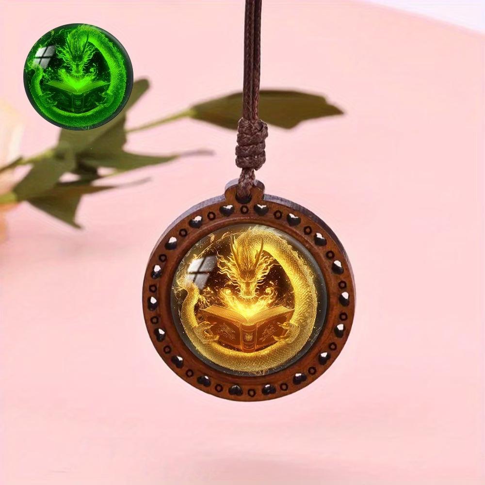 Ancient Book Wooden Pendant Necklace with Dragon Pattern, Luminous and Fluorescent Style, Unisex, Suitable for Daily Wear