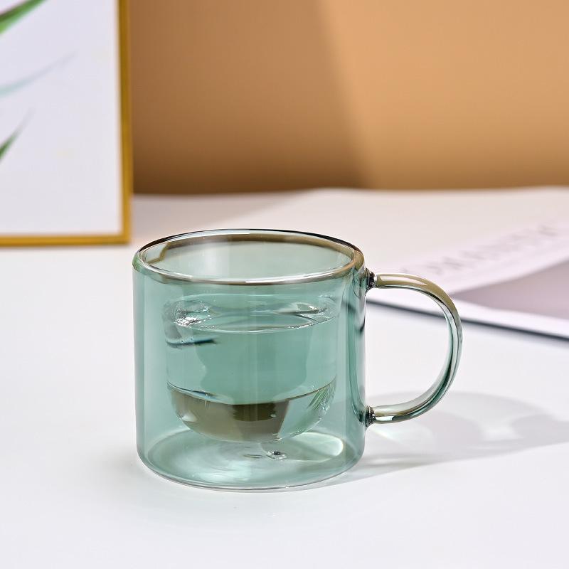 Simple Color Double-layer Glass Thickened Borosilicate Glass Coffee Cup with Handle Anti-scalding Drinking Water Cup