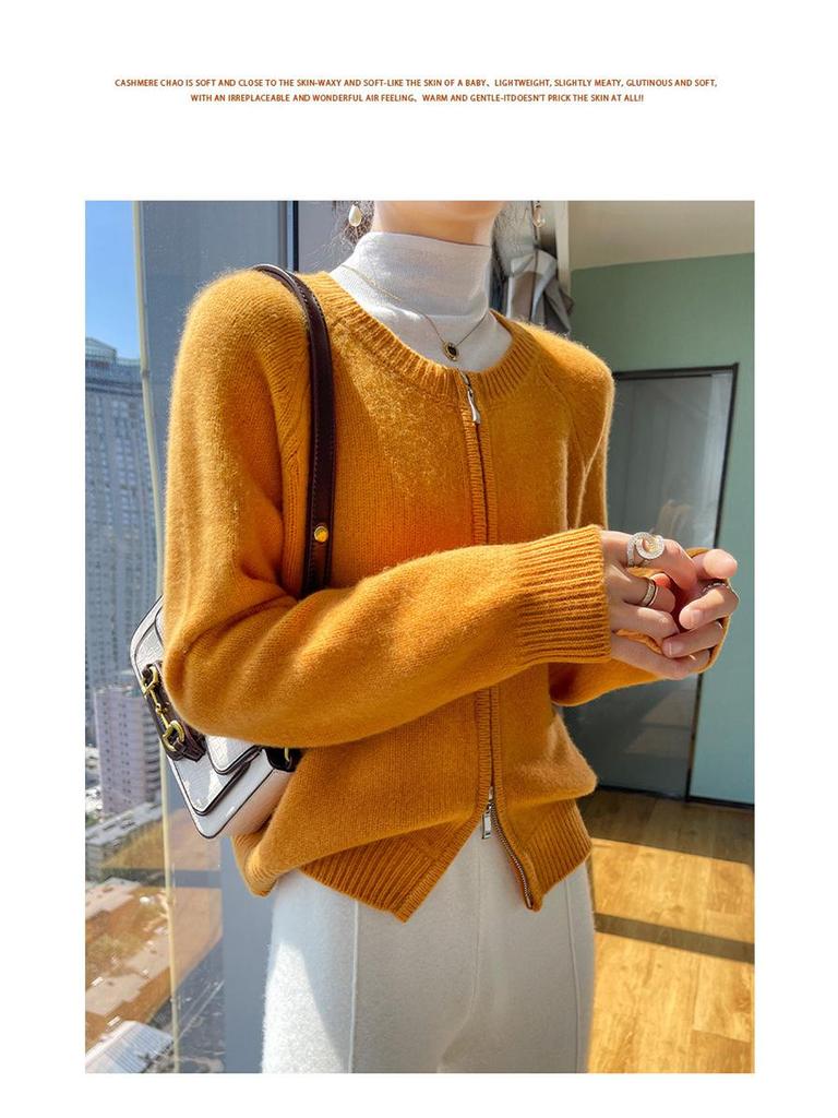 Korean Style Retro Round Neck Knit Cardigan for Women - Petite Autumn High Waist Zip Sweater