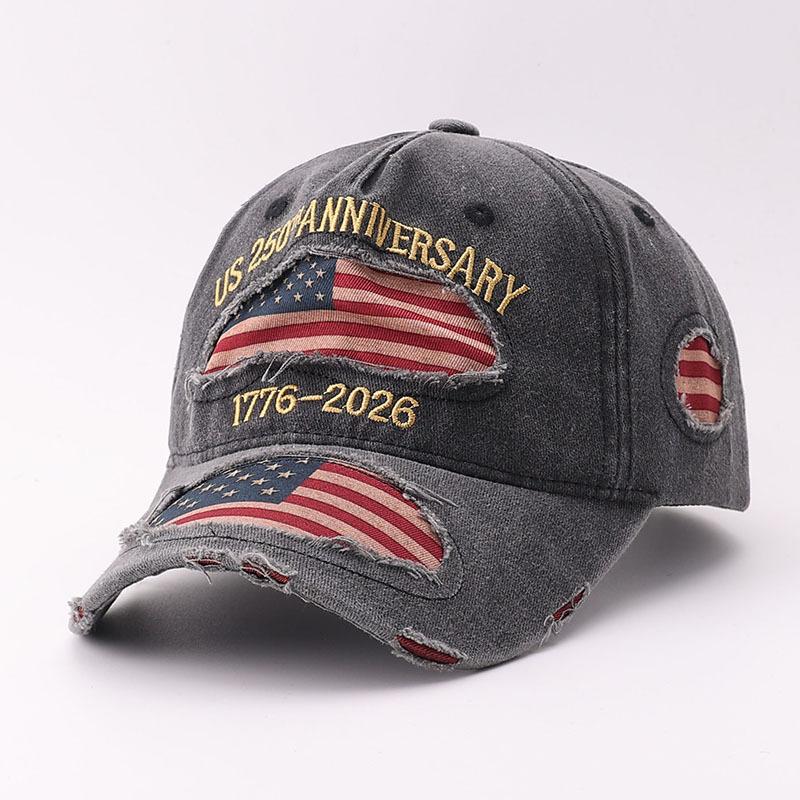 Ripped national flag baseball cap European and American personality old embroidery letter cap