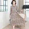 Damen Frühling Sommer und Herbst Vier Jahreszeiten Modelle Slim Dünn Temperament Rüschenkragen Chiffon Druckkleid Langarmkleider