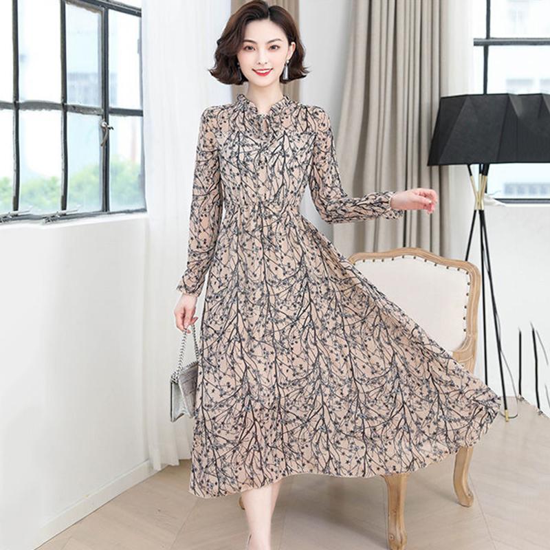 Damen Frühling Sommer und Herbst Vier Jahreszeiten Modelle Slim Dünn Temperament Rüschenkragen Chiffon Druckkleid Langarmkleider