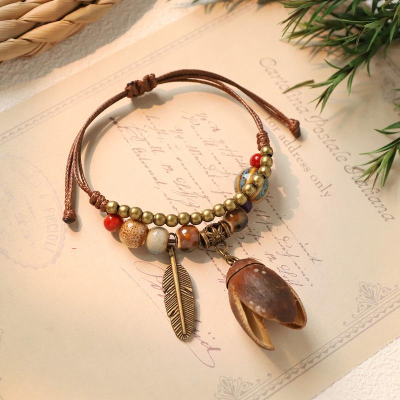 Hand woven ceramic plant acorn bracelet natural fruit hand rope retro literary bracelet women