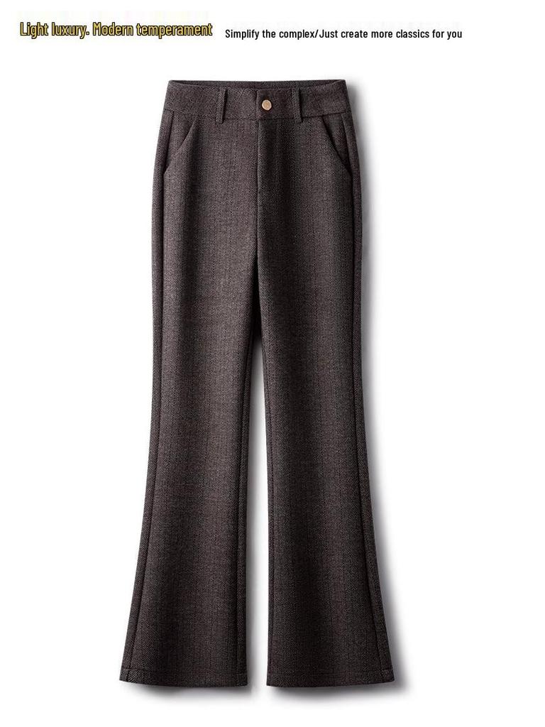 Women's Khaki Wool Flare Pants, High Waist Slim Fit, Spring/Autumn 2024