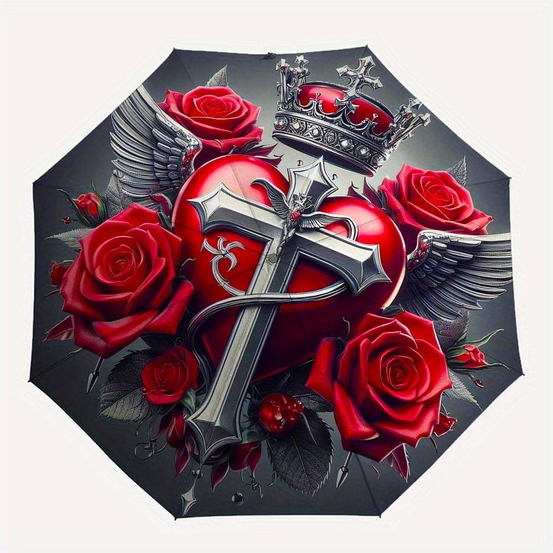 1pc Heart with Crown and Roses Umbrella with Plastic Handle,Suitable for All Seasons Home Travel Outdoor UmbrellaB1904