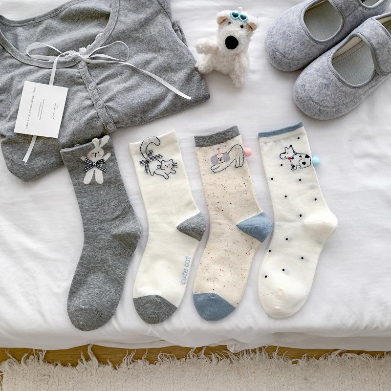 Women's Thin Seamless Cotton Socks - Cartoon Animals & 3D Bow, Mid-Calf Slouch, College Style for Spring & Summer