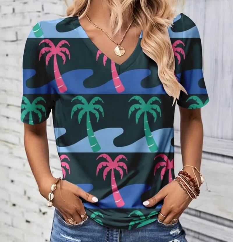 Summer Coconut Tree 3D Print T-shirt Women Streetwear Casual T Shirts Y2k Tops Woman Harajuku V-Neck Tees Oversized Clothing
