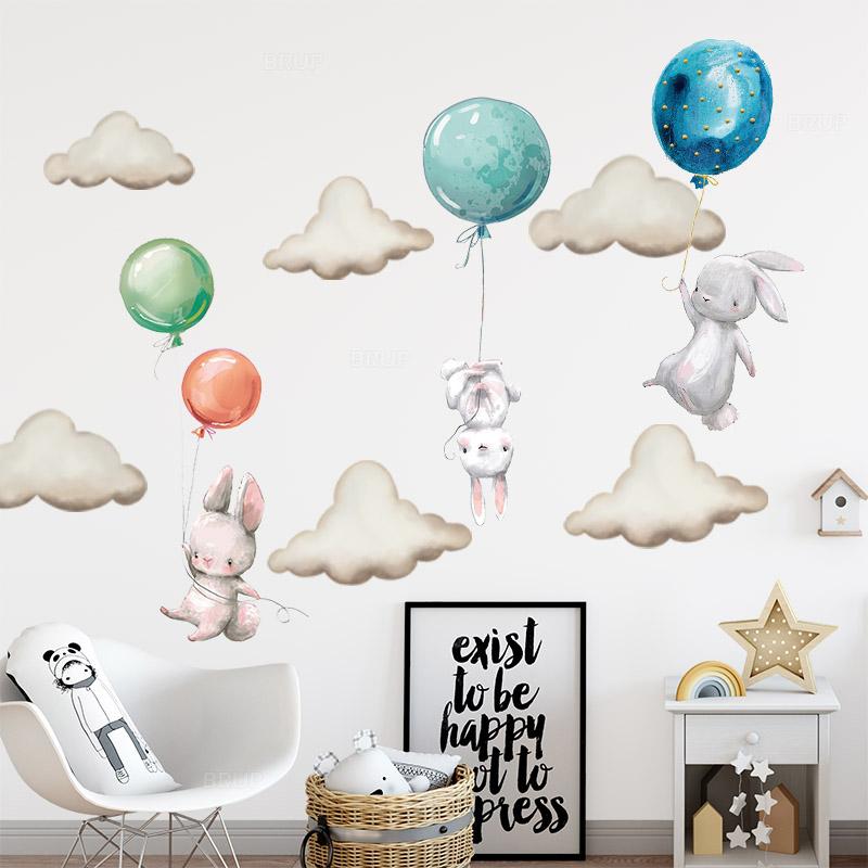 Watercolor Pink Balloon Bunny Cloud Wall Stickers for Kids Room Baby Nursery Room Decoration Wall Decals Boy and Girls Gifts PVC