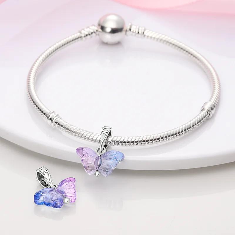 Copper Plated Dreamy Purple Glass Butterfly Pendant Fit Charms Plataoriginal Bracelet Beads Women Jewellery Making