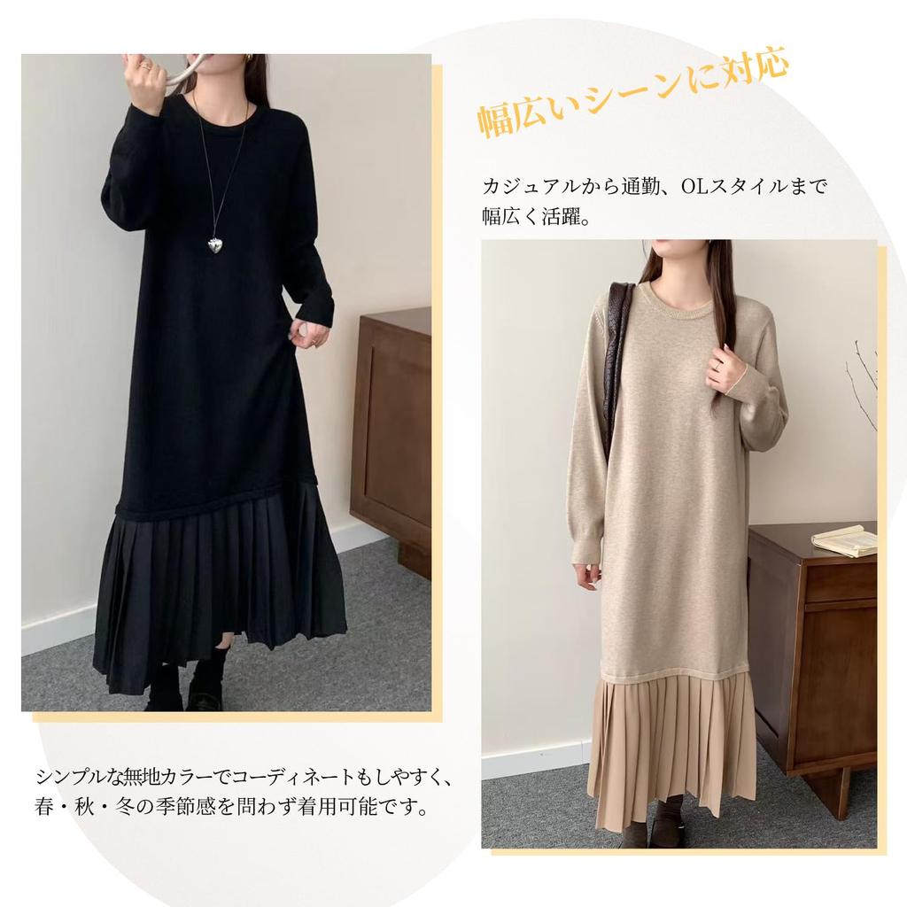 H2four Knit Long Round Long Solid Perfect for Office Winter Women's Dress, Neck, Sleeves, Pleated, Warm, Figure-Flattering, Slimming, Casual, Simple,
