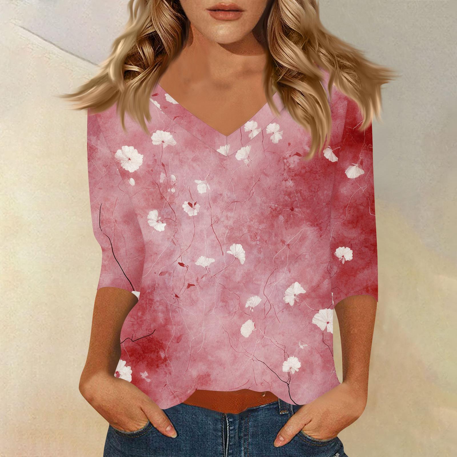 

Жіноча футболка з принтом з рукавом 3/4, щоденна мода на вихідні, базовий V-подібний виріз, звичайний топ S рожевий