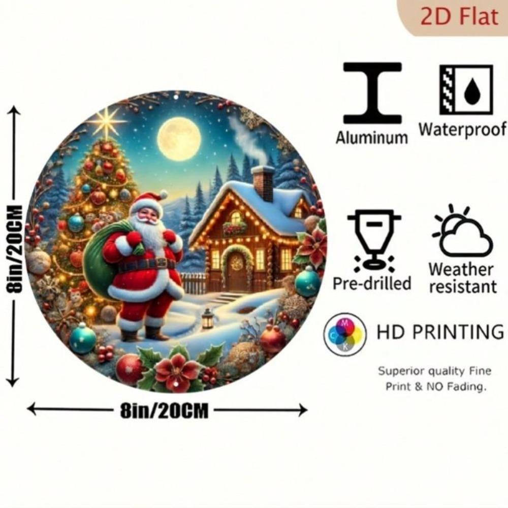 Holiday Metal Tin Sign with Santa Claus Snowy Cabin Scene for Christmas Decoration
