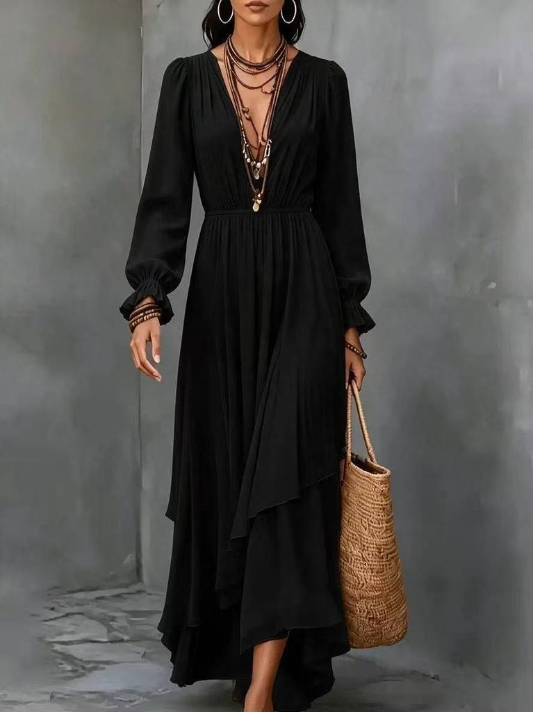 European and American women's solid color v-neck long dress Bohemian irregular ruffle edge chiffon long-sleeved dress
