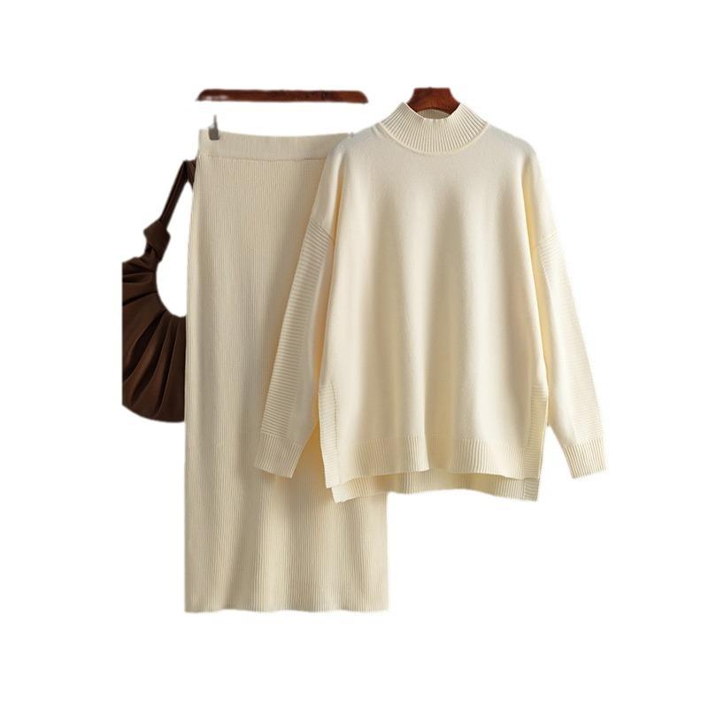 Women's sweater set autumn and winter new solid color semi-turtleneck sweater half-body hip skirt two-piece set