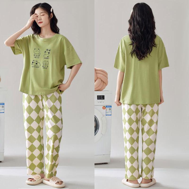 Summer short-sleeved fresh plaid pants simple casual pajamas women's breathable loose loungewear set