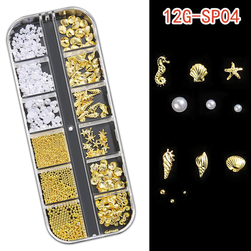 1 Box Metal Summer Ocean Nail Art Charms 3D Shell Starfish Seahorse Pearl Beads Alloy Nail Jewelry Mixed Manicure Studs Decor