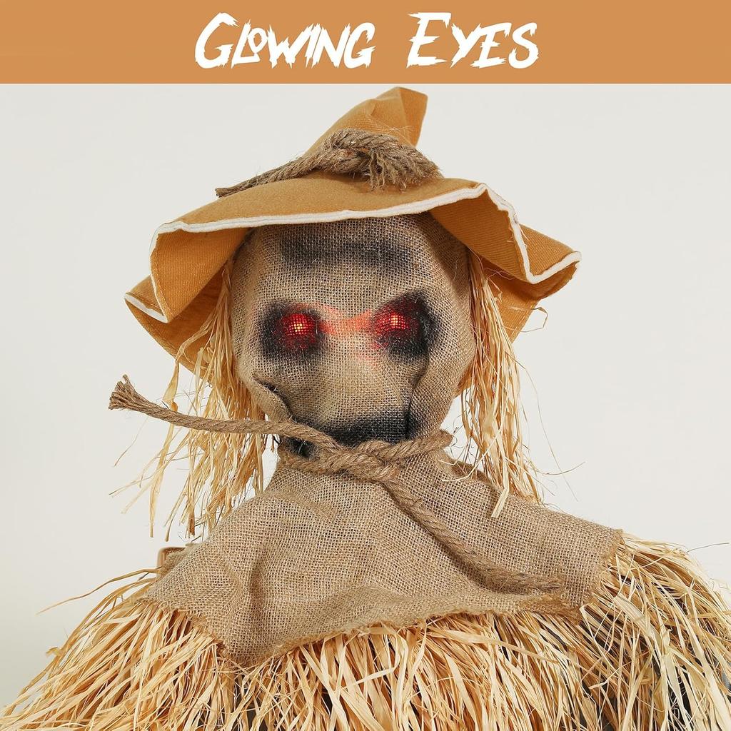 Halloween Decorations Animatronic Scary Sitting Scarecrow with Spooky Sound Glowing Eyes Props Decor for Home Party Indoor Porch Yard Decoration