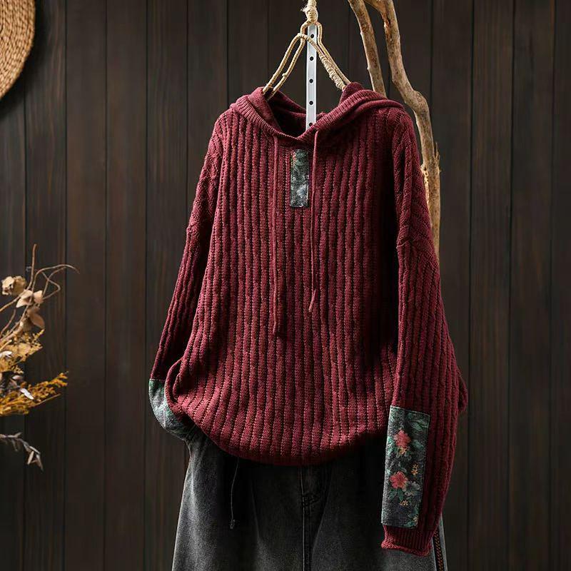 Bojiafan Ethnic Style Appliquéd Cotton Drawstring Hoodie - Women's Loose Plus Size Retro Knit Sweater