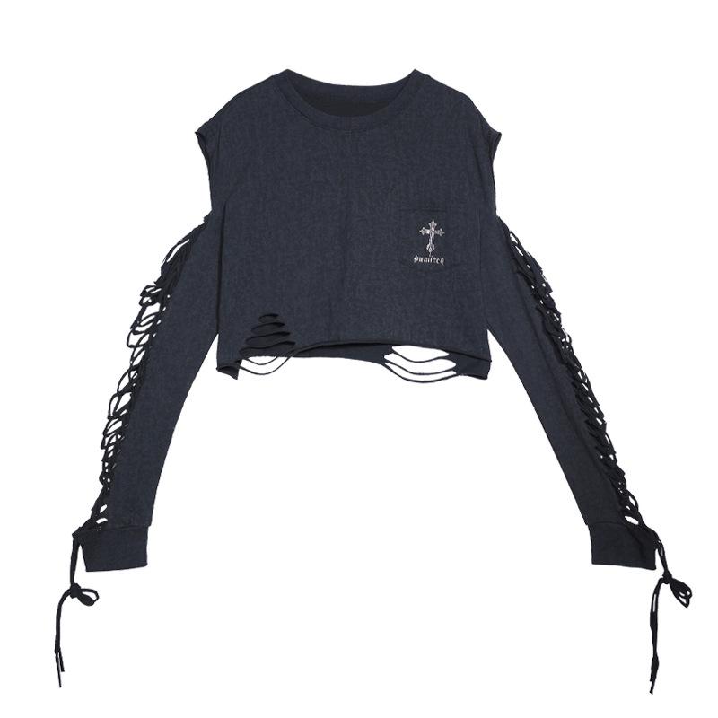 

Tuogu Trend Women s Crop Top T-Shirt: Tie-Up, Long-Sleeve, Slim Fit with Subtle Cut-Outs for Spring/Summer Wear Large