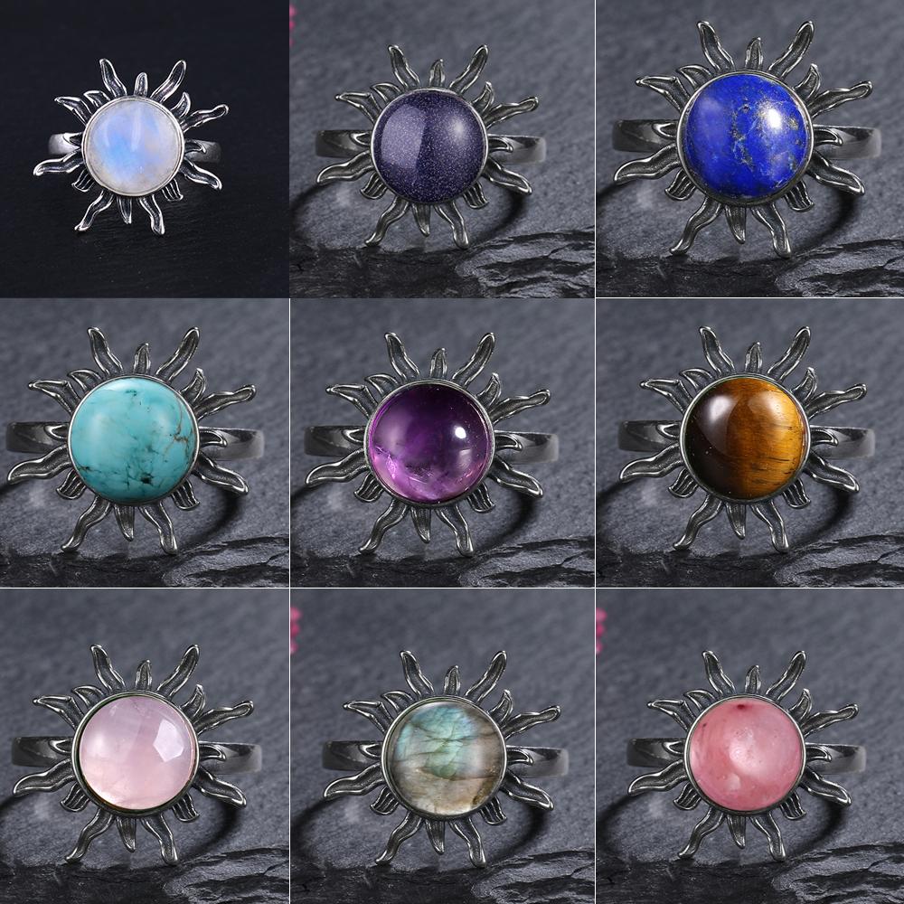 Anéis de Labradorita Natural Redondos de 10 mm para Mulheres Homens Anel de Cobre Anel de Dedo Anéis de Pedra Preciosa Retrô Joias Presente de Festa
