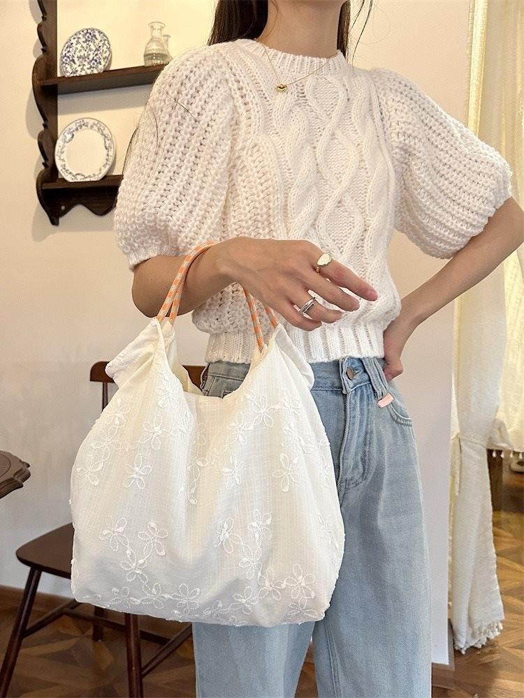 Stylish Summer Thin Embroidered Floral Tote Bag For Commuting Soft Canvas Handbag