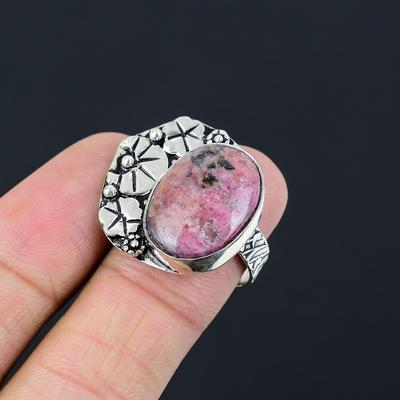 Oval Rhodonite Stone Sterling Silver Handcrafted Promise Birthday Ring Size 8.5