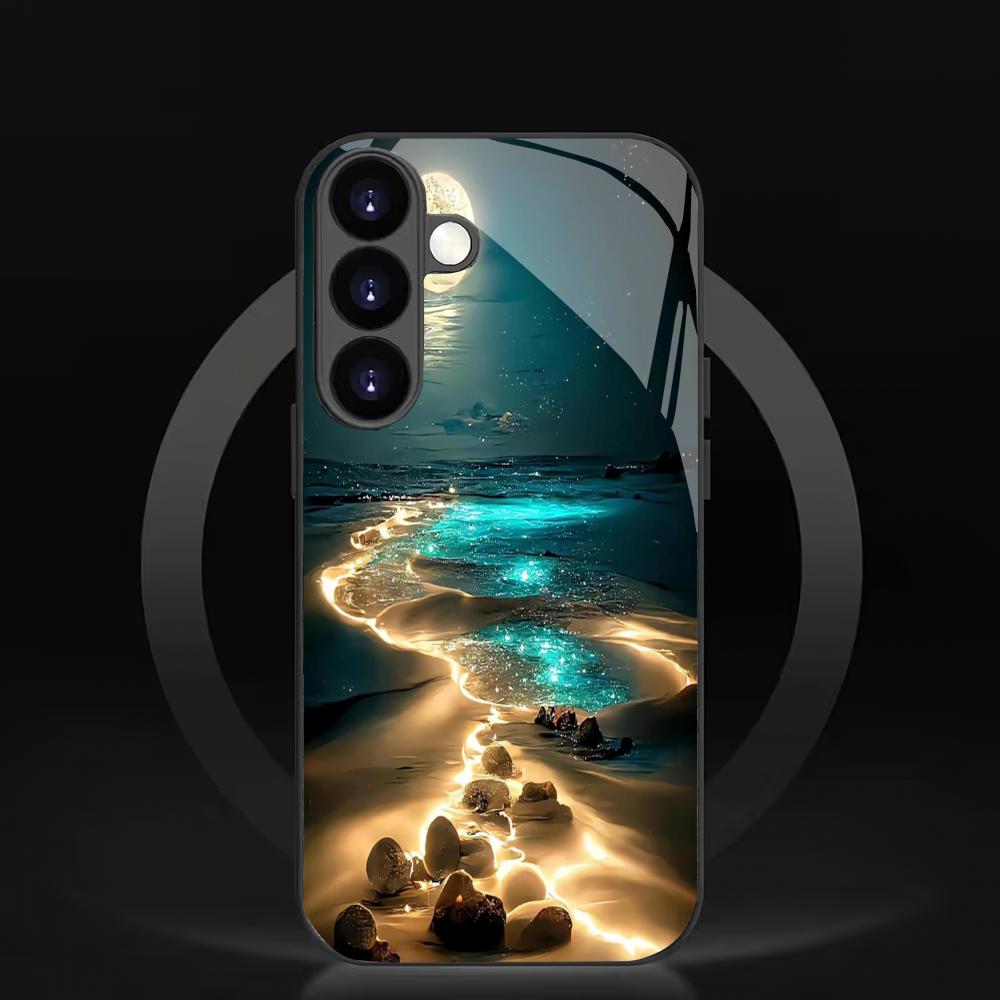 Beach pattern tempered glass phone case suitable for Samsung Galaxy S26 S25 S24 S23 S22 S20 FE/Ultra/Plus5G anti drop back cover