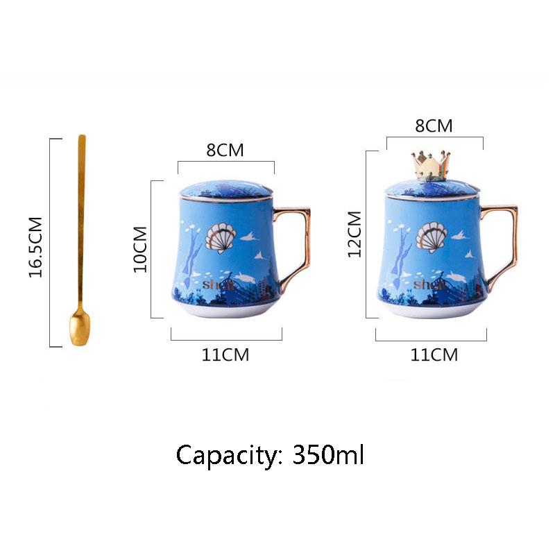 350ML Personalized Mermaid Couple Mug With Lid And Spoon Creative Ceramic Crown Cup Gift For Mens and Womens