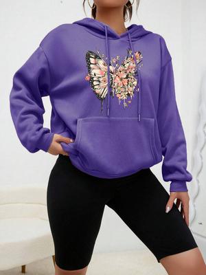 Hanorac cu imprimeu fluture jumătate și alte flori pentru femei, personalitate, desene animate, hanorac, pulovere din fleece la modă, hip hop, haine calde, feminine