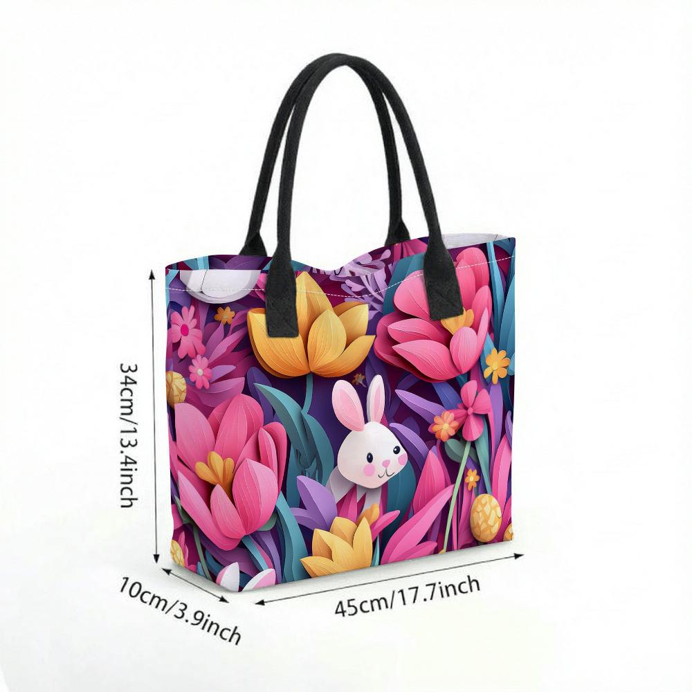 Cute Bunny Floral Pattern Tote Bag Fashion Lightweight Casual Shopping Shoulder Bag Daily Use Handbag for Women