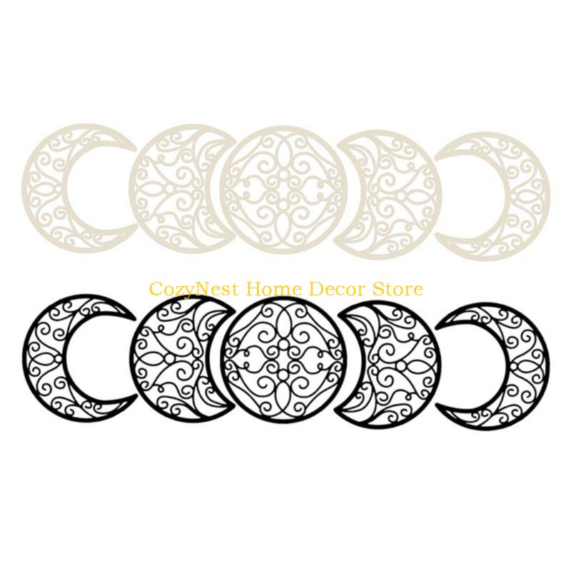 92MF 5pcs Nordic Styles Hollowed Out Moon Phases Wall Hanging Decors Natural Wood Art for Bedroom and Living Room Decoration