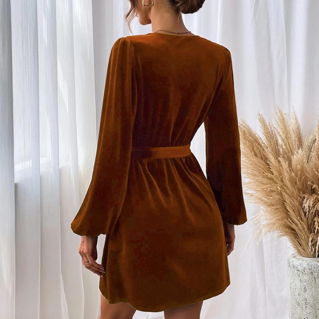 Women's V-neck Velvet Dress Autumn Winter Waist-cinching Slim-fit A-line Dress Long-sleeve Velvet Sexy Party Dress